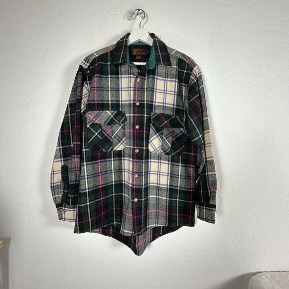 Eddie Bauer Mens Small Flannel Plaid Shirt Green Button Up Wool Blend Pockets - Picture 1 of 9
